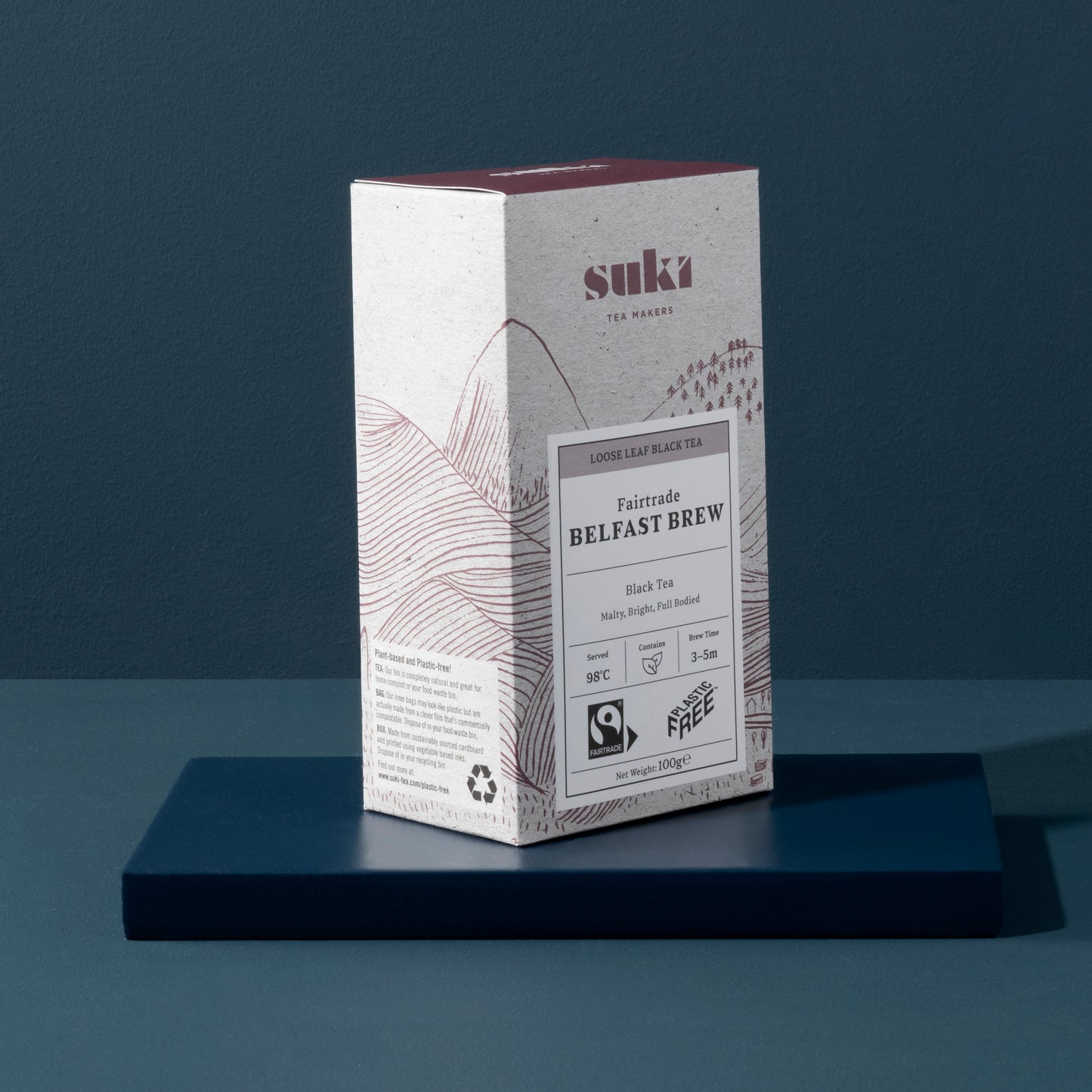 Box of loose leaf black tea, belfast brew in pyramid tea bags