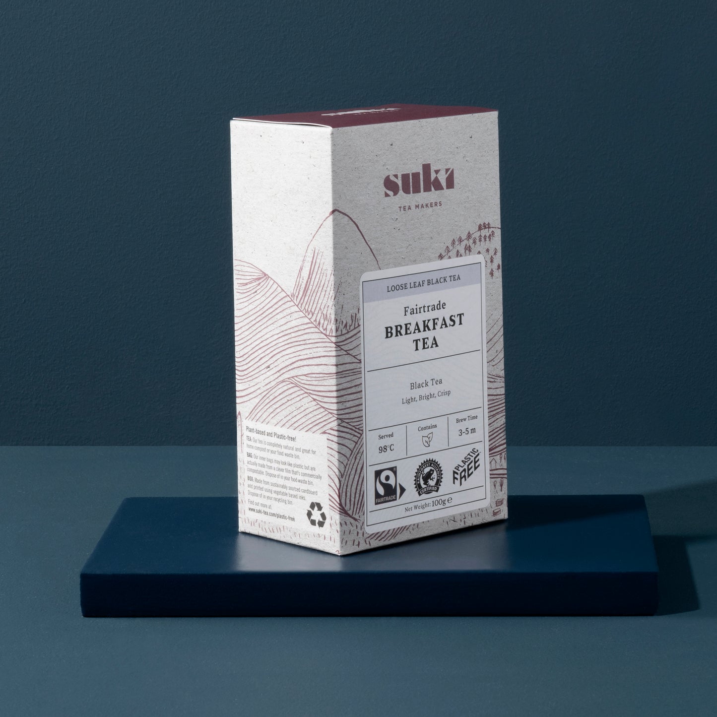 box of loose leaf pyramid tea bags, with fair trade and plastic free labels
