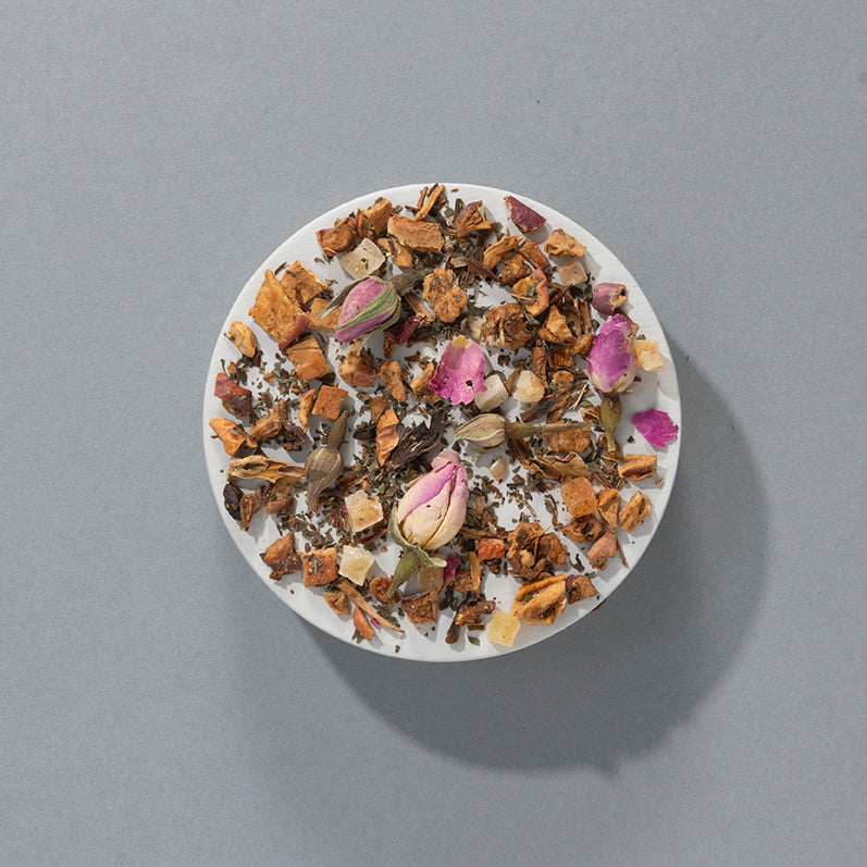 loose leaf fruit tea, with apple and rose buds
