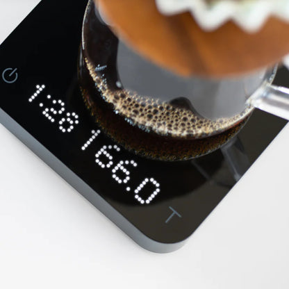 close up of digital display on coffee scales 