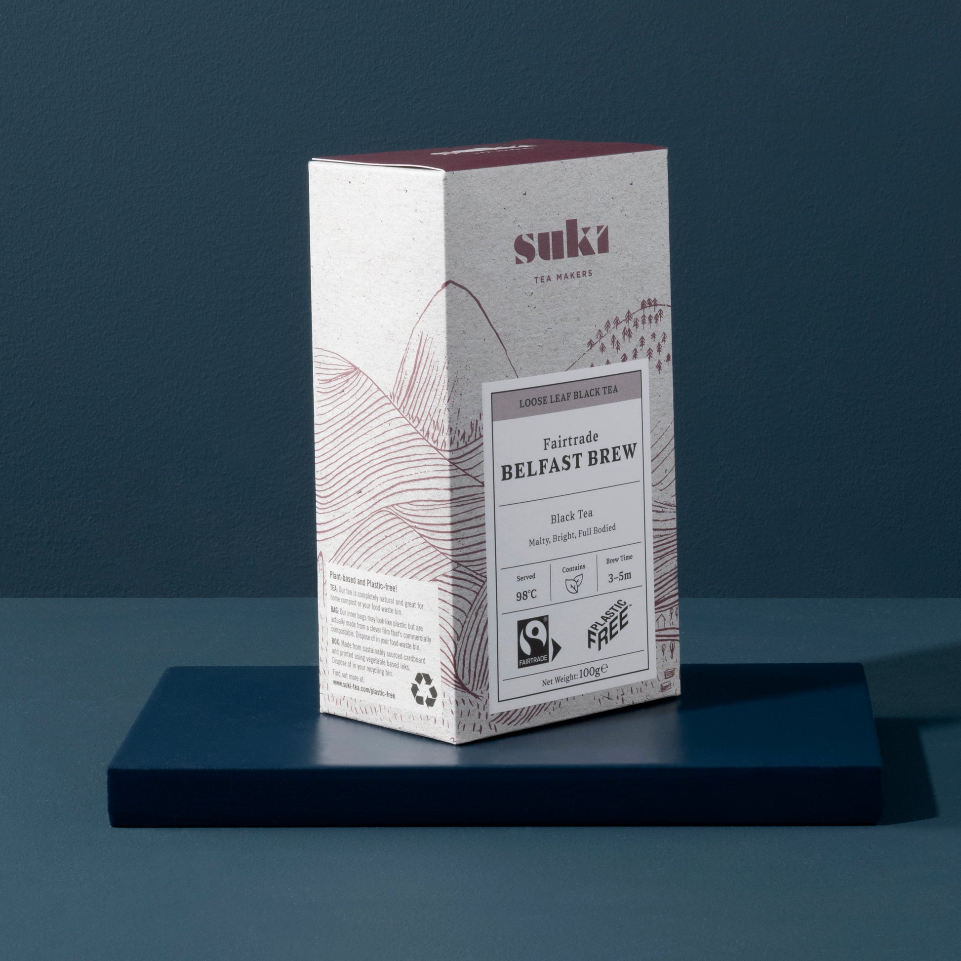 Box of loose leaf black tea, belfast brew in pyramid tea bags 