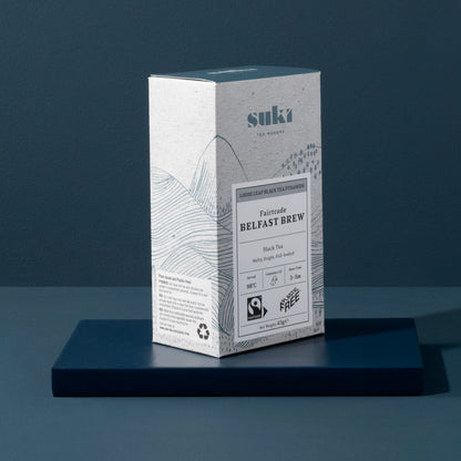 Box of loose leaf black tea, belfast brew in pyramid tea bags x15