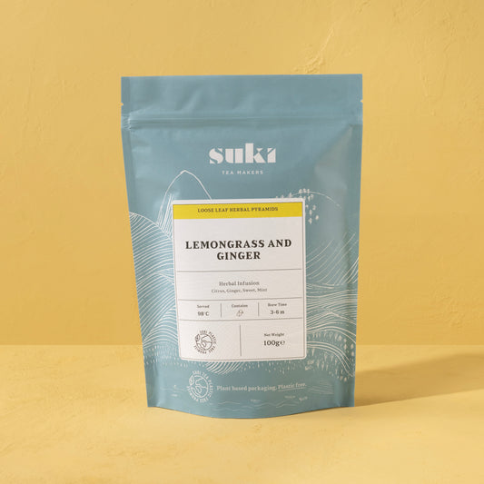 blue bag of lemongrass and ginger loose leaf tea