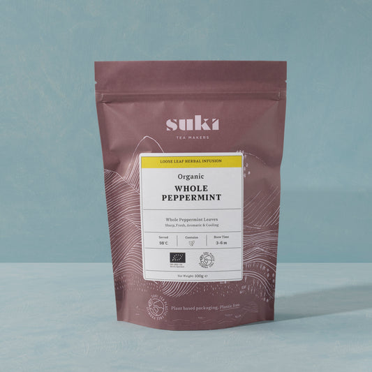 bag of Loose leaf Organic whole peppermint leaves.