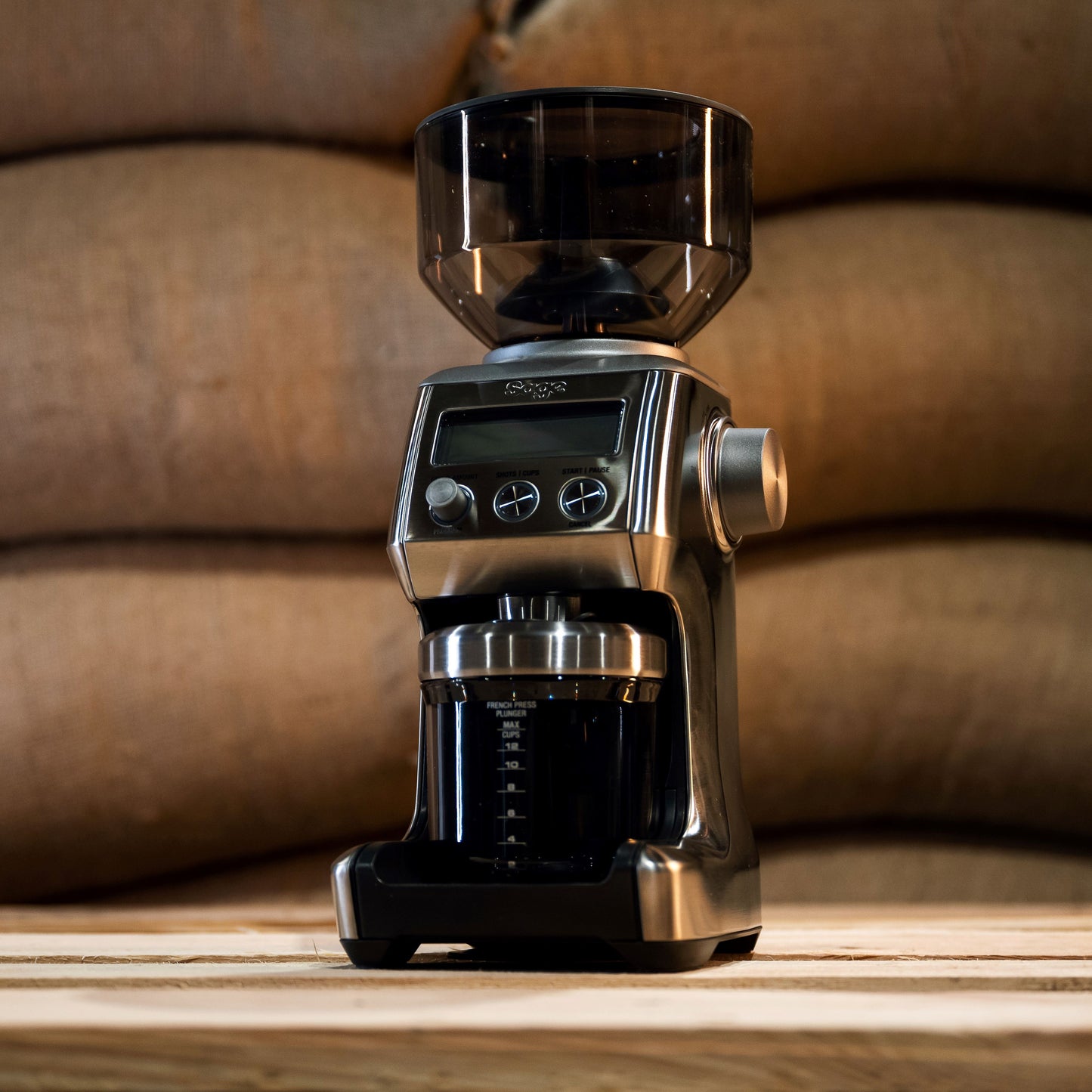 Sage pro grinder set against green coffee bags