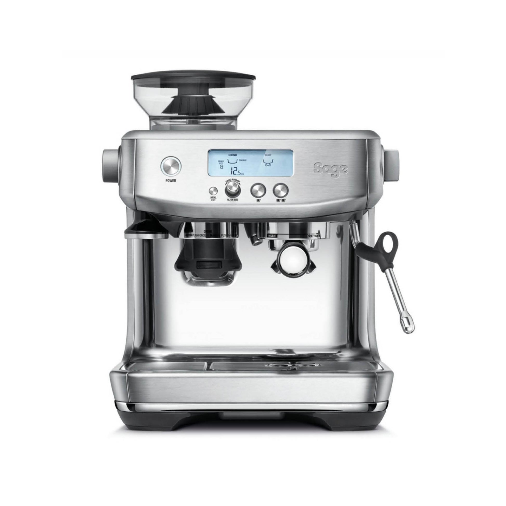 white cut out background image of the full silver version of the sage barista pro machine 